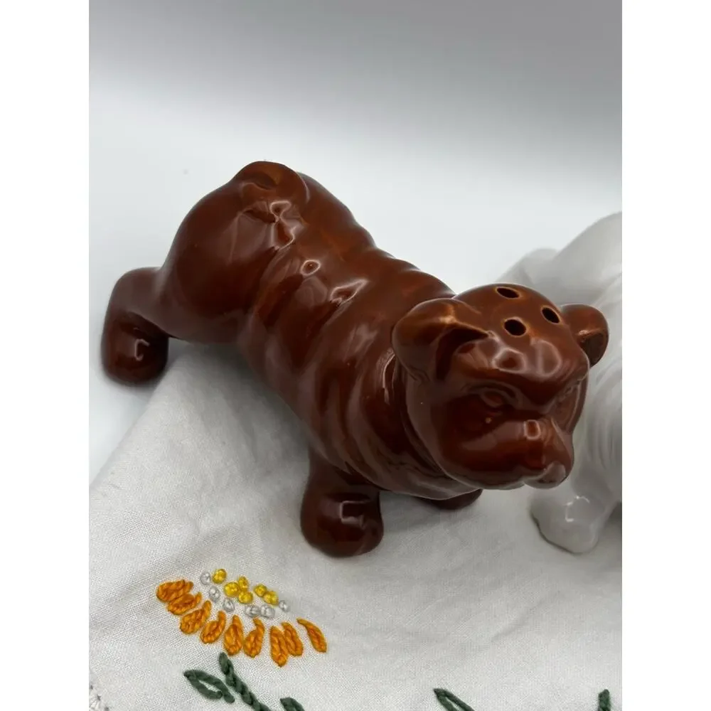 Ceramic Bulldog Salt & Pepper Shaker Set Brown & White Dog Kitchen Decor